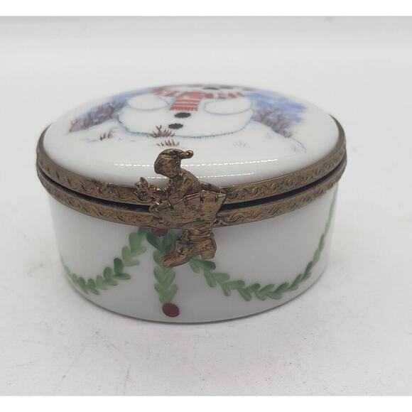 Vintage Limoges Porcelain Trinket Jewelry Box Snowman Holly Christmas Hand Paint - Picture 6 of 14
